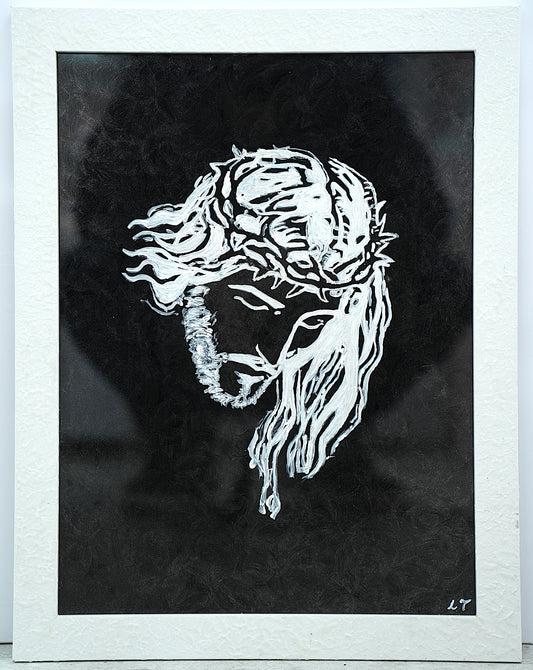 Isus na križu. Bijeli okvir, crna pozadina. Unikatni rad Nea