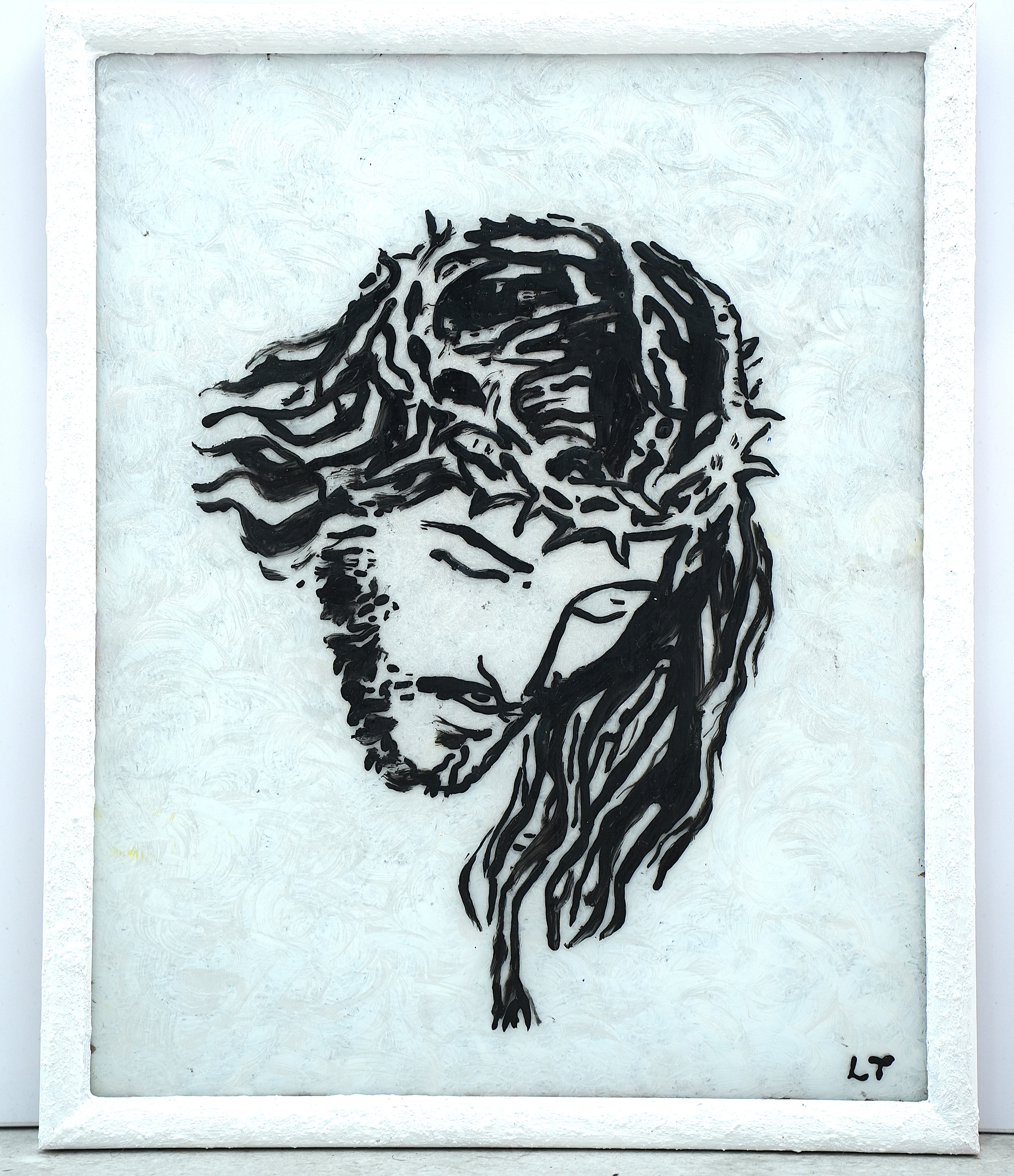 Isus na križu. Bijeli okvir, bijela pozadina. Unikatni rad Nea