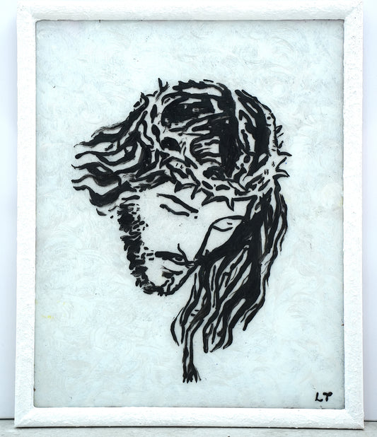 Isus na križu. Bijeli okvir, bijela pozadina. Unikatni rad Nea