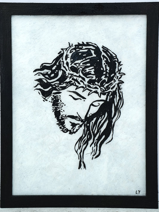 Isus na križu. Crni okvir, bijela pozadina. Unikatni rad Nea