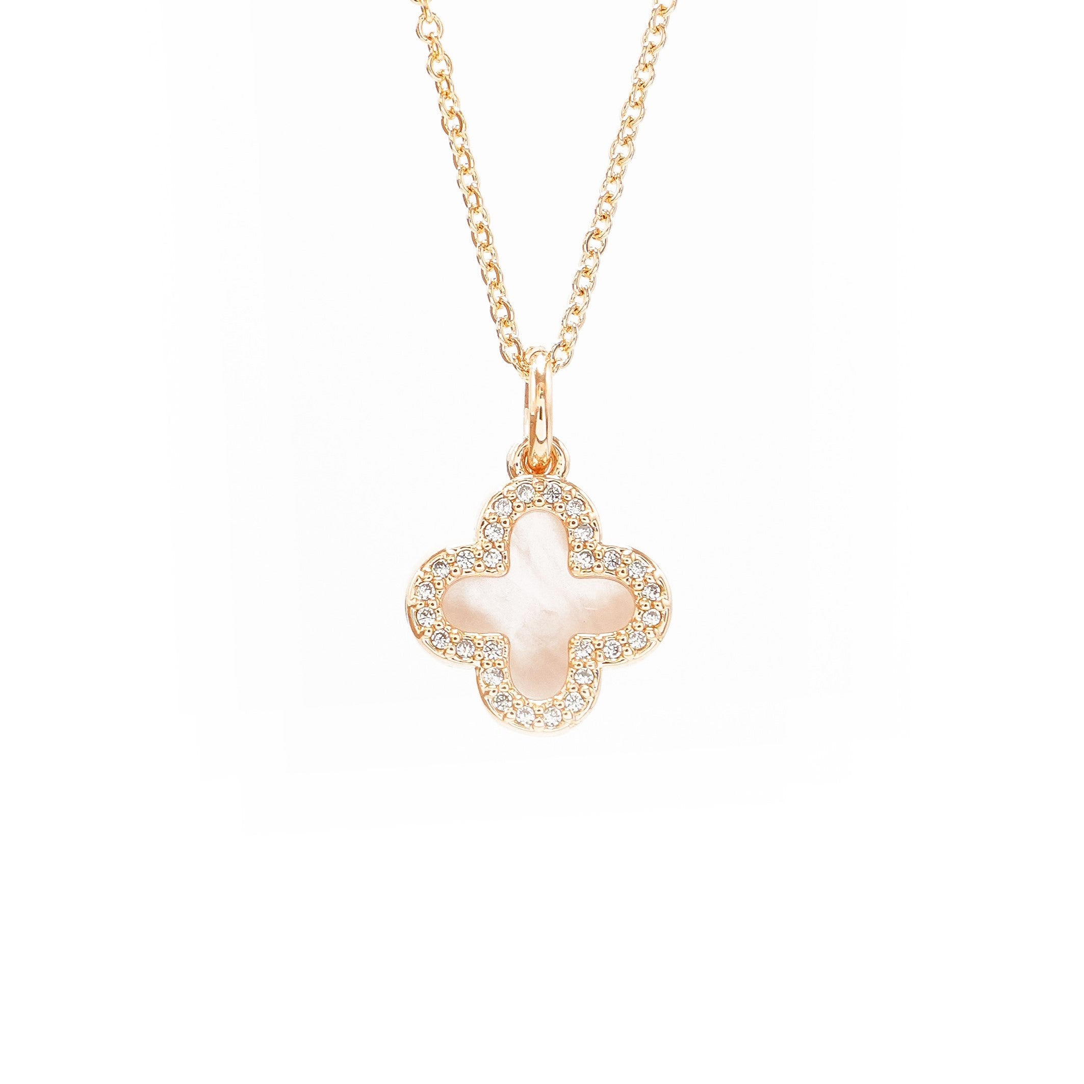 Ogrlica Djetelina ispunjena rozim sedefom i okružena cirkonima - Pozlaćeni Mjed - Ogrlica Nea 101