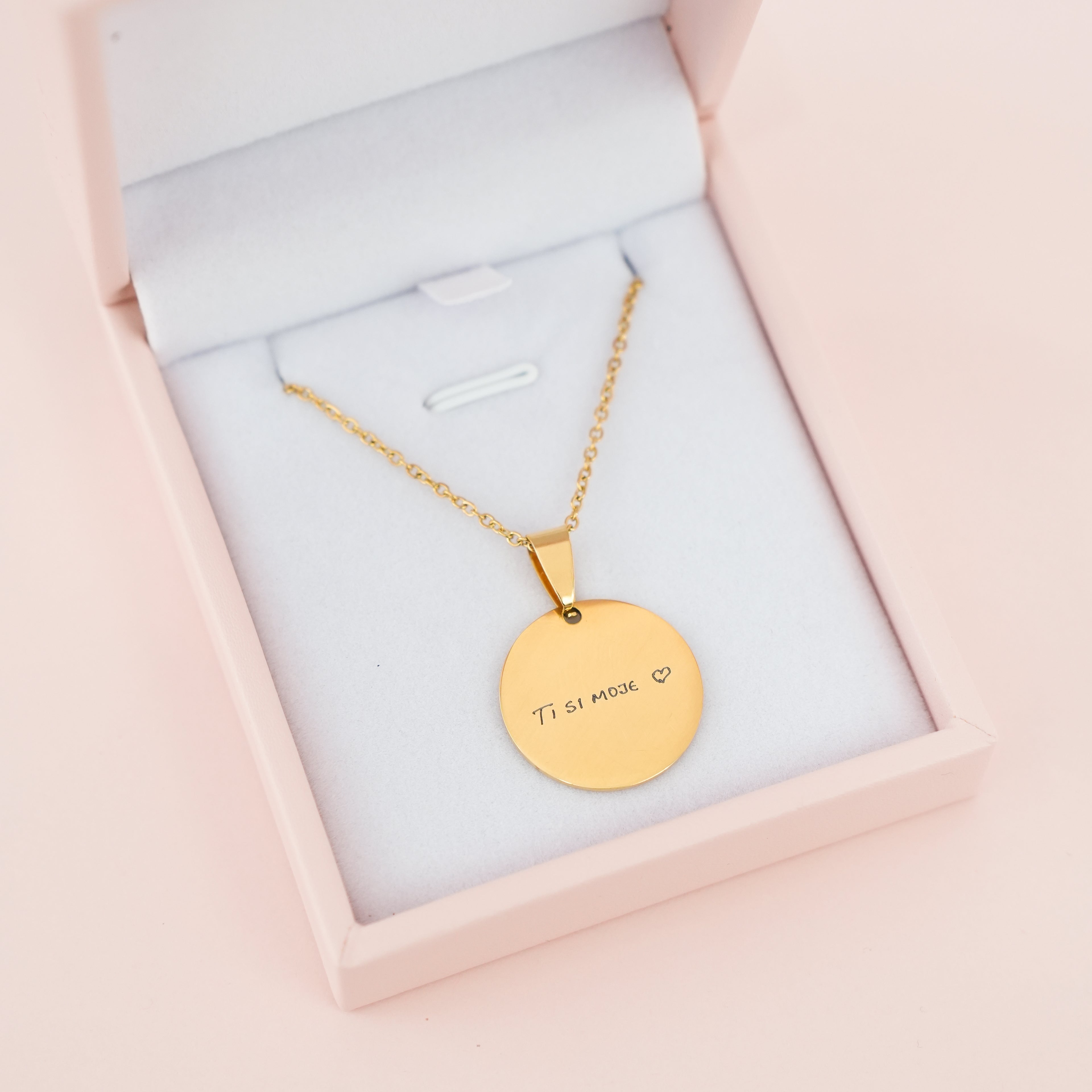 Čelična ogrlica sa Gravurom Vaše slike i rukopisom / crtežom - Za zaljubljene - Srebrna/Zlatna