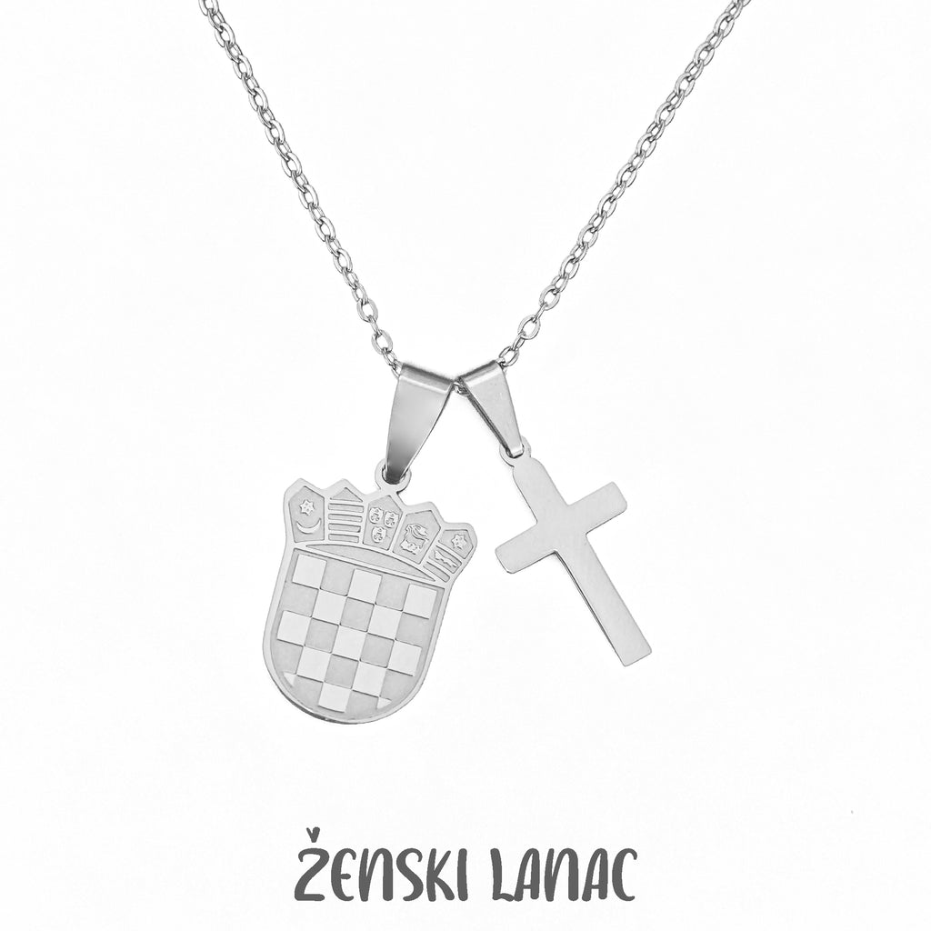 Čelična Ogrlica Hrvatski grb sa Križem i gravurom Vašeg imena/inicijala - srebrna/zlatna