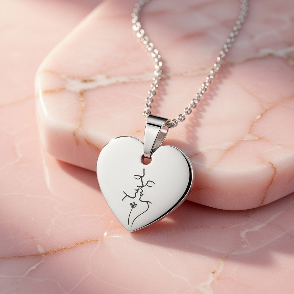 Ogrlica sa Gravurom Poljupca u srcu - za zaljubljene - srebrna/zlatna