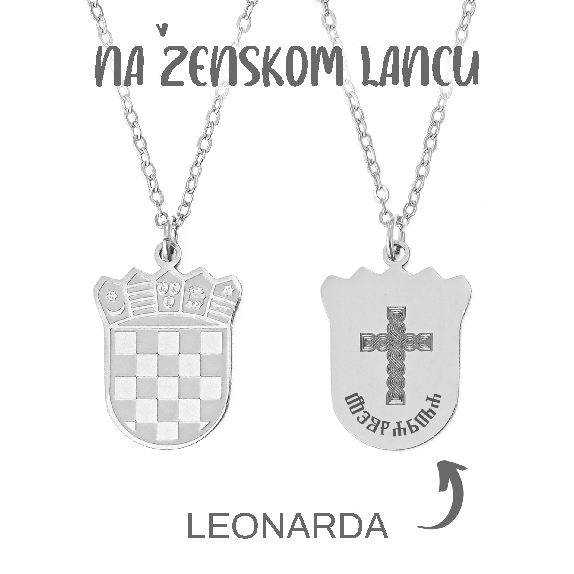 Ogrlica Hrvatski grb sa gravurom Vašeg imena na Glagoljici - srebrna/zlatna