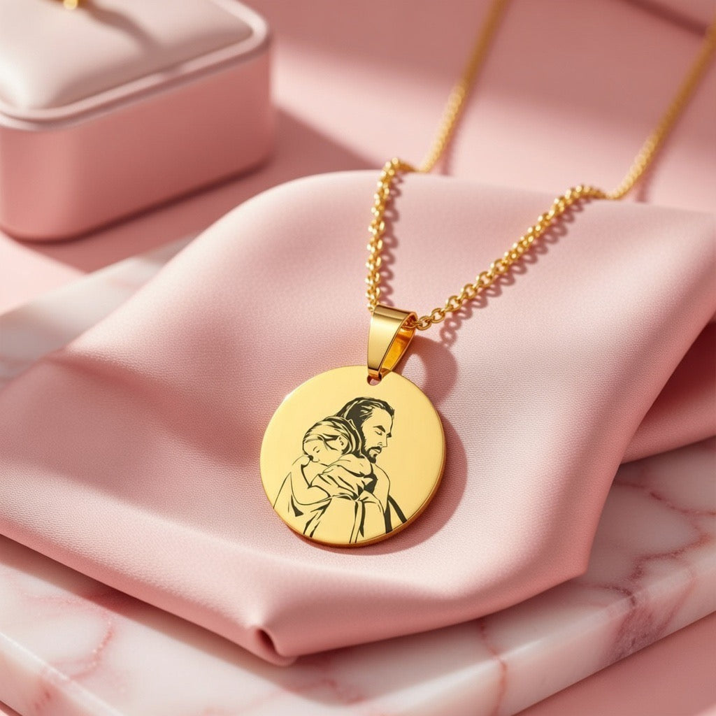 Čelična Ogrlica sa Isusom i djetetom - poklon za Krizmu ili Sv. Pričest - srebrna/zlatna