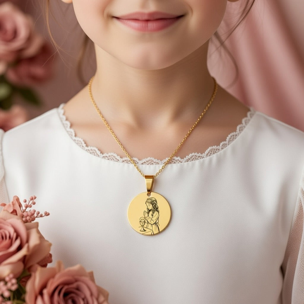 Čelična Ogrlica sa gravurom Prvopričesnika/ce uz simbol Euharistije - Poklon za Prvu Pričest - srebrna/zlatna