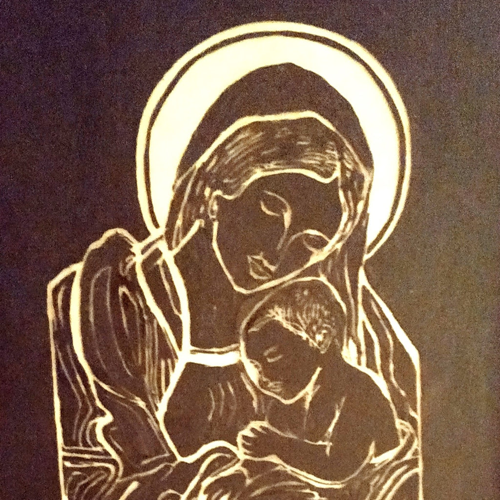 Gospa s Isusom. Antracit podloga na staklu. Unikatni rad Nea