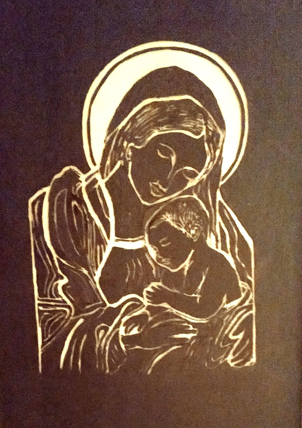 Gospa s Isusom. Antracit podloga na staklu. Unikatni rad Nea