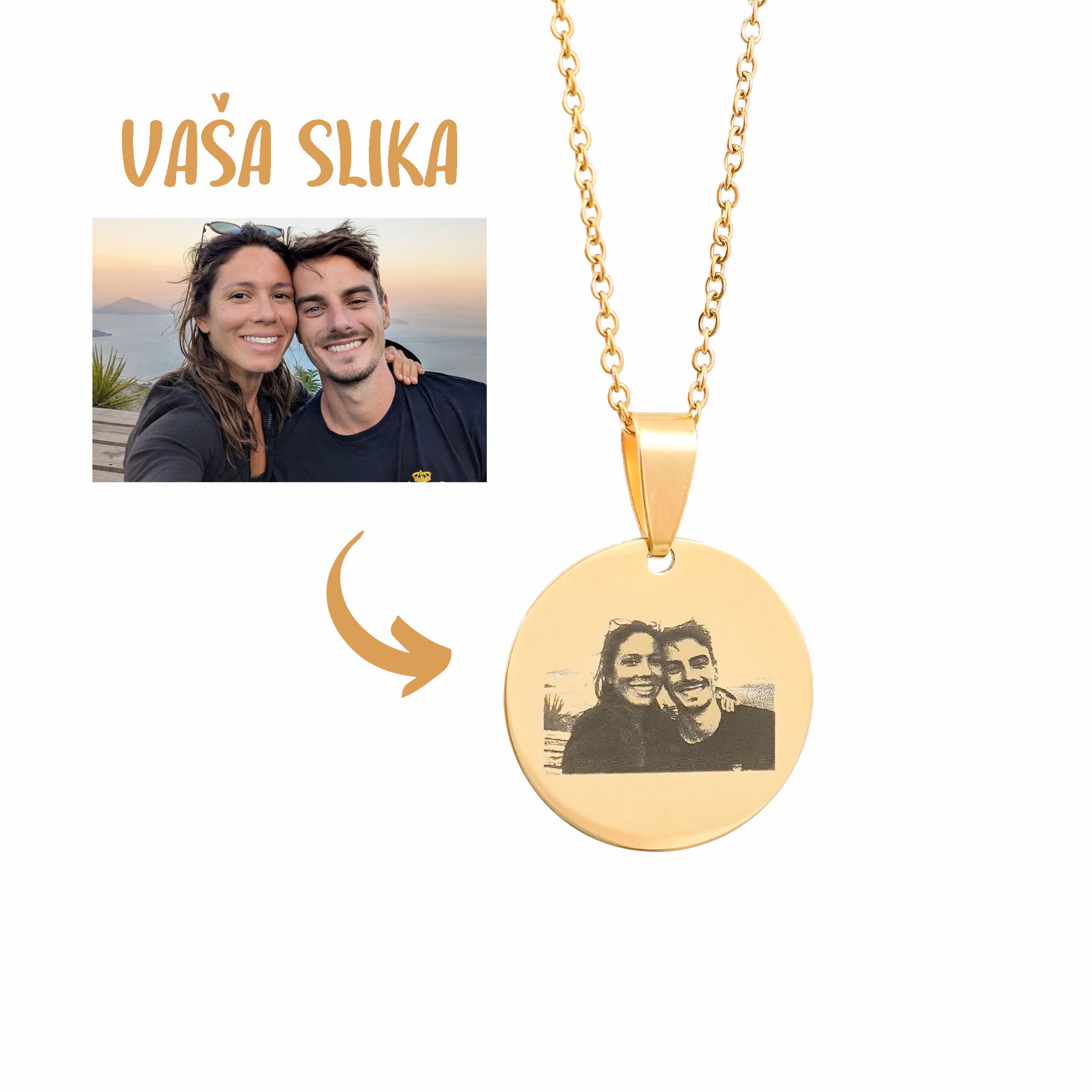 Čelična ogrlica sa Gravurom Vaše slike i rukopisom / crtežom - Za zaljubljene - Srebrna/Zlatna