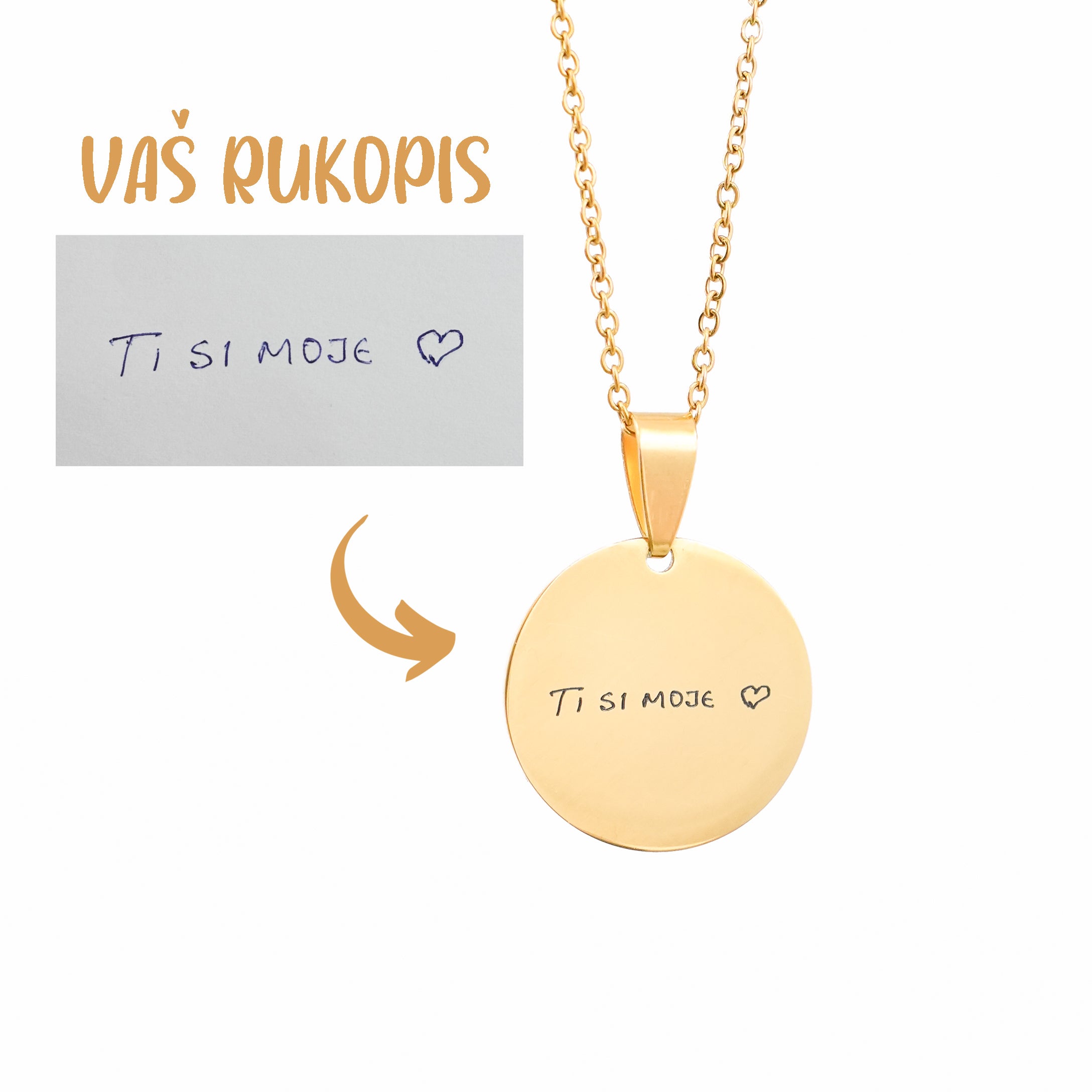 Čelična ogrlica sa Gravurom Vaše slike i rukopisom / crtežom - Za zaljubljene - Srebrna/Zlatna