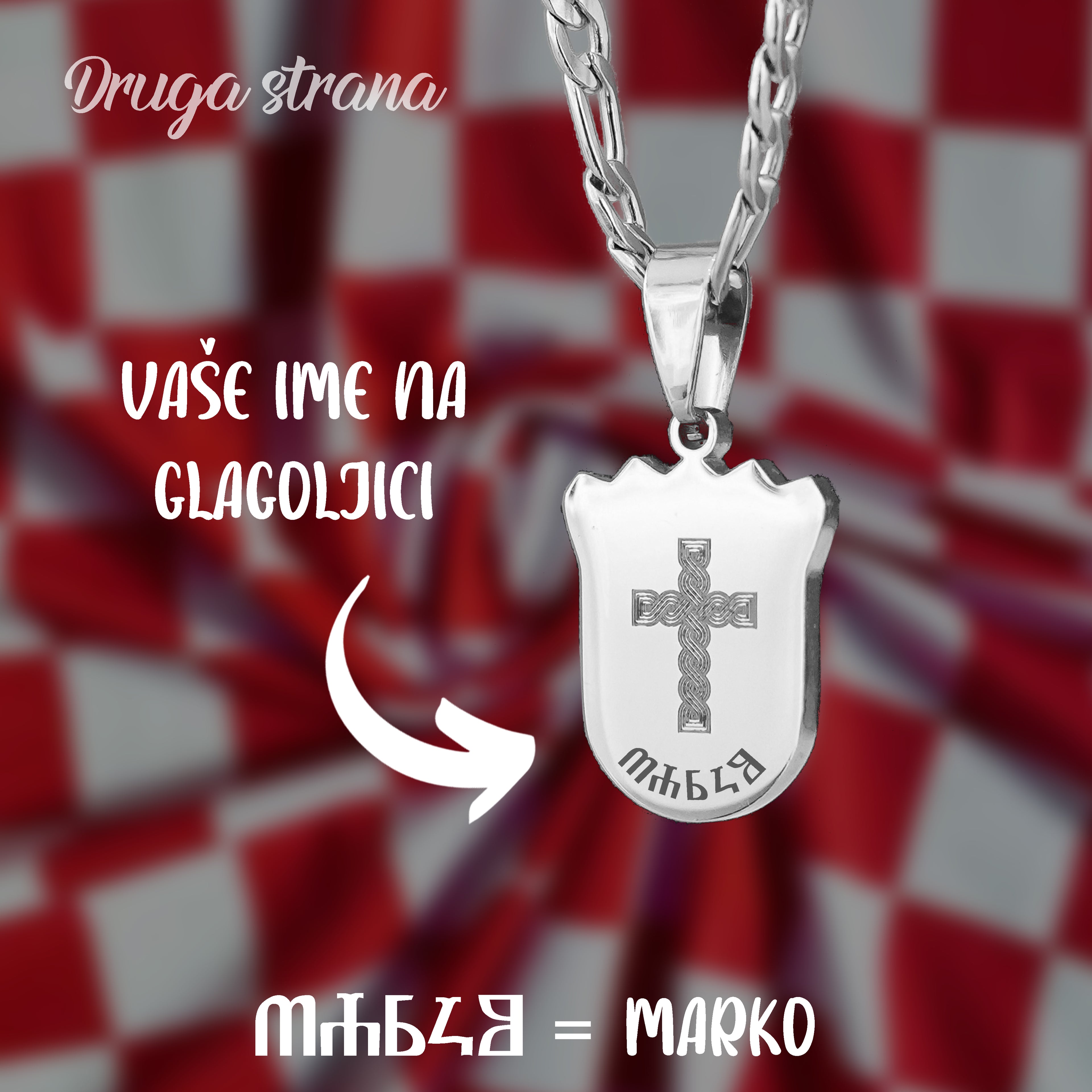 Ogrlica Hrvatski grb sa gravurom Vašeg imena na Glagoljici - srebrna/zlatna