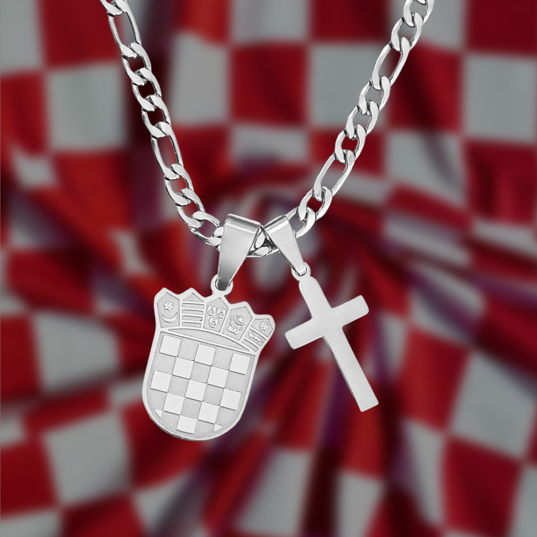 Čelična Ogrlica Hrvatski grb sa Križem i gravurom Vašeg imena/inicijala - srebrna/zlatna