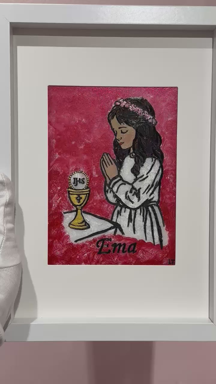 Slika za Prvu pričest - Djevojčica - Crvena pozadina - Ručni rad