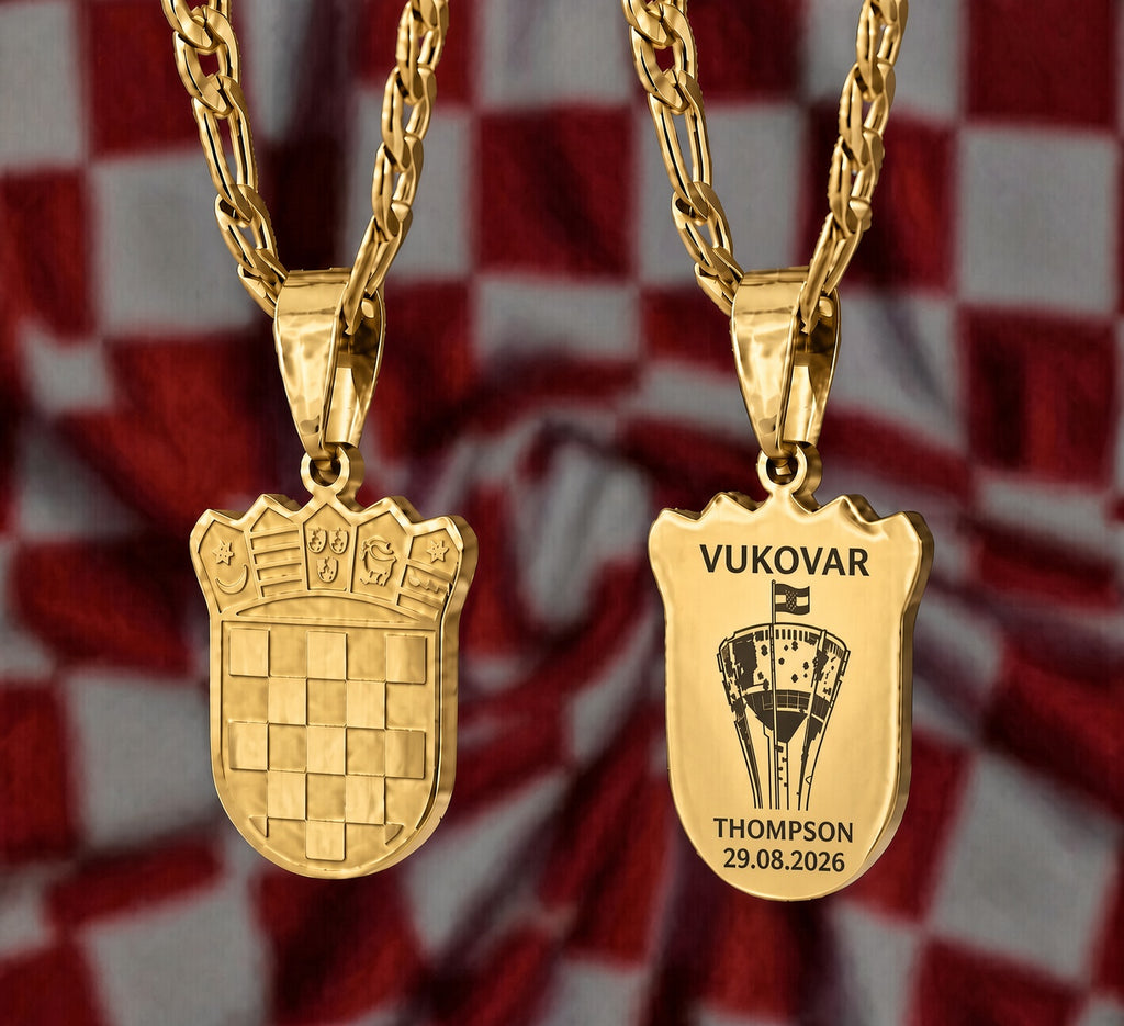 Ogrlica Hrvatski grb sa gravurom Križa i Vašeg imena - srebrna/zlatna