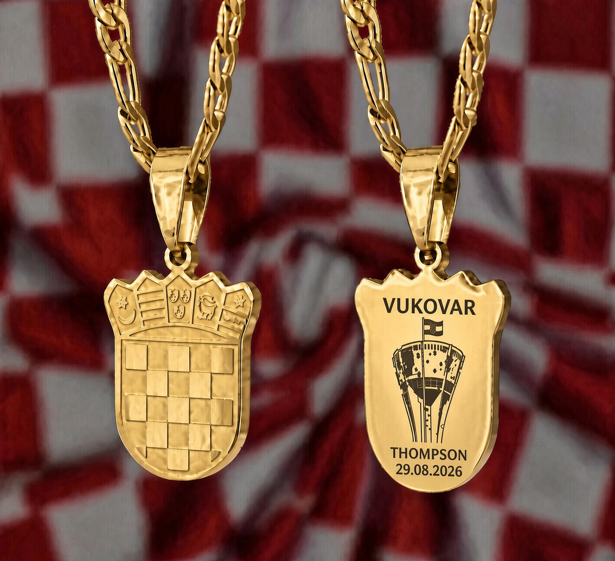Ogrlica Hrvatski grb sa gravurom Križa i Vašeg imena - srebrna/zlatna